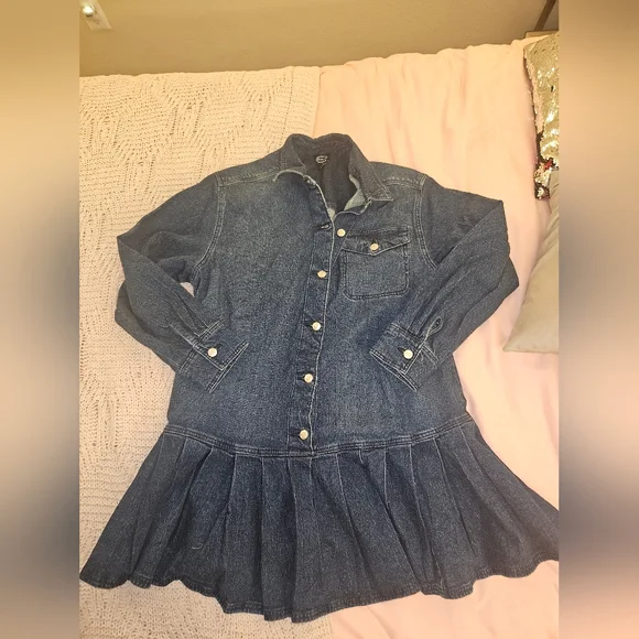 Denim Button-Down Ruffle Hem Dress - Blue - Picture 2 of 5